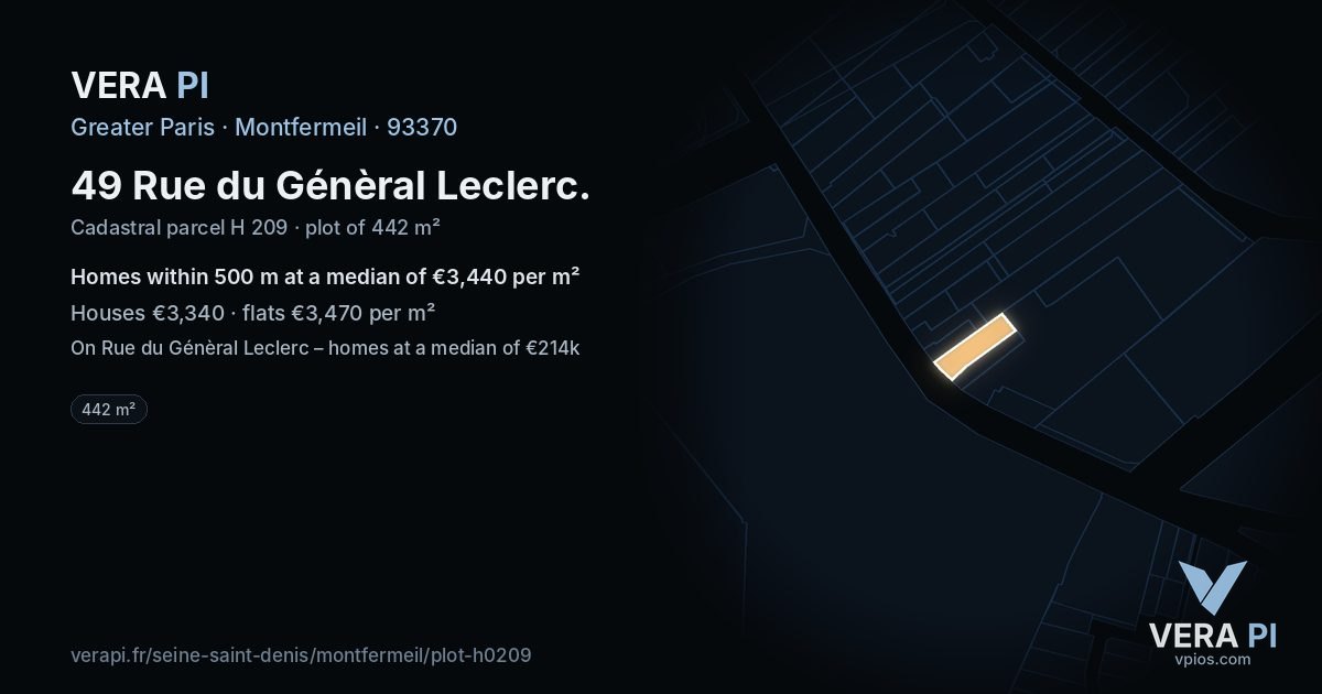 49 Rue du Génèral Leclerc, Montfermeil at night – the plot lit, the parcels around coloured by the prices near them