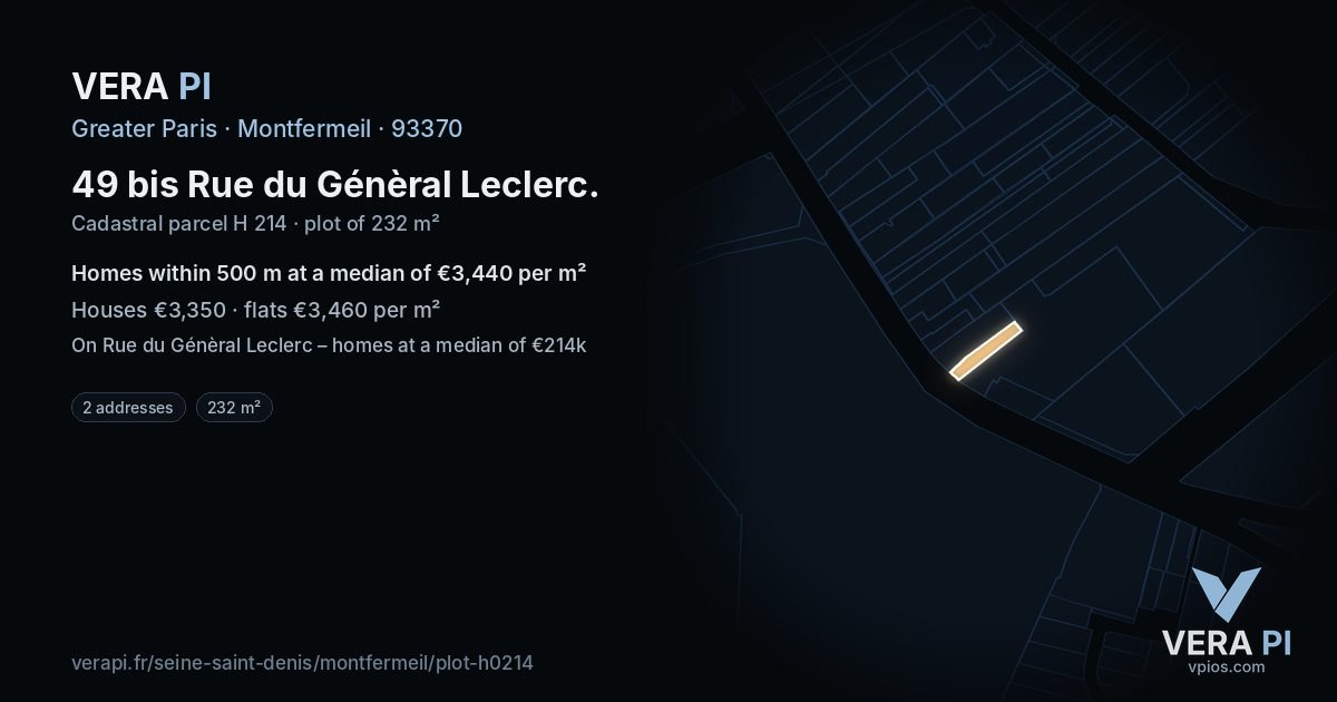 49 bis Rue du Génèral Leclerc, Montfermeil at night – the plot lit, the parcels around coloured by the prices near them