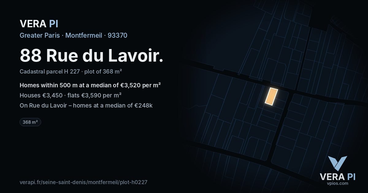88 Rue du Lavoir, Montfermeil at night – the plot lit, the parcels around coloured by the prices near them