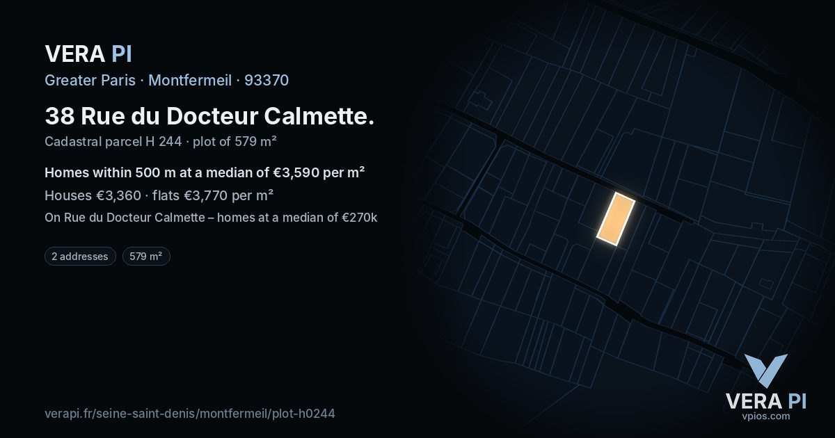 38 Rue du Docteur Calmette, Montfermeil at night – the plot lit, the parcels around coloured by the prices near them