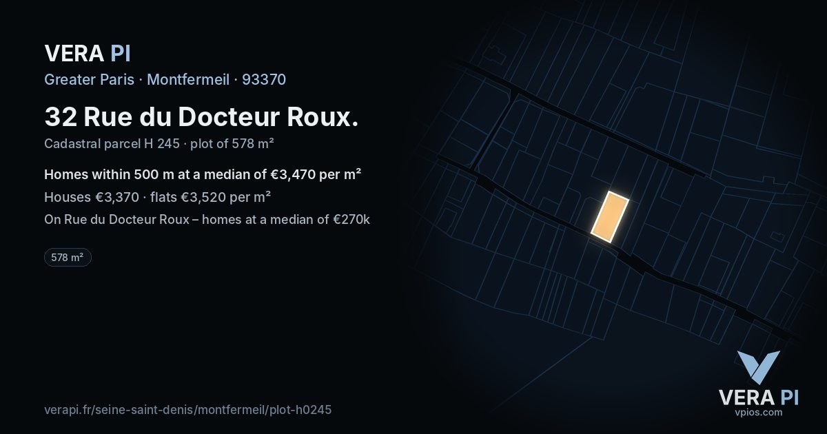 32 Rue du Docteur Roux, Montfermeil at night – the plot lit, the parcels around coloured by the prices near them