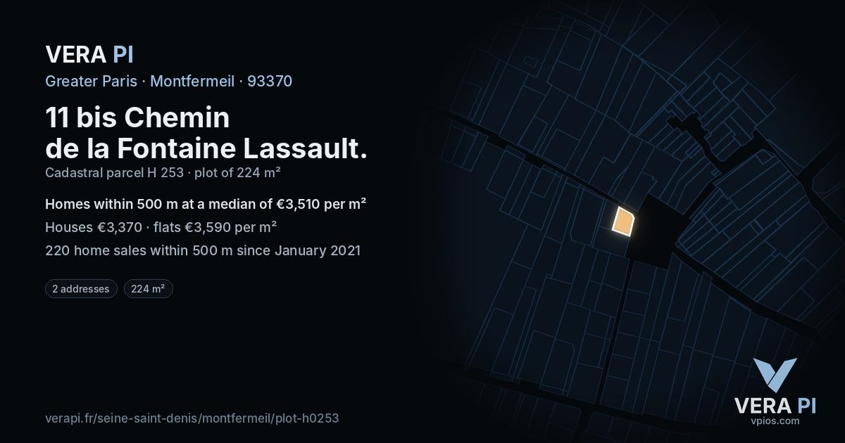 11 bis Chemin de la Fontaine Lassault, Montfermeil at night – the plot lit, the parcels around coloured by the prices near them