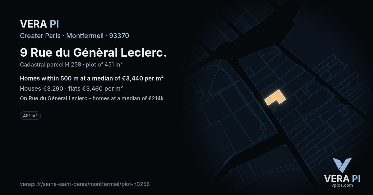 9 Rue du Génèral Leclerc, Montfermeil at night – the plot lit, the parcels around coloured by the prices near them