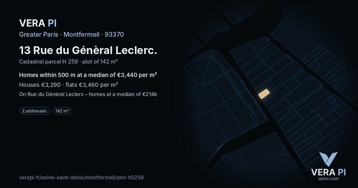 13 Rue du Génèral Leclerc, Montfermeil at night – the plot lit, the parcels around coloured by the prices near them
