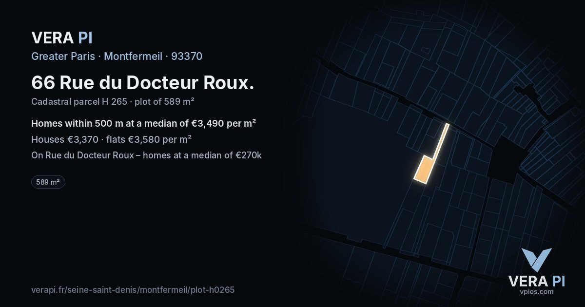 66 Rue du Docteur Roux, Montfermeil at night – the plot lit, the parcels around coloured by the prices near them