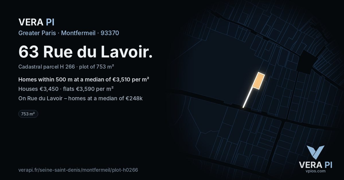 63 Rue du Lavoir, Montfermeil at night – the plot lit, the parcels around coloured by the prices near them
