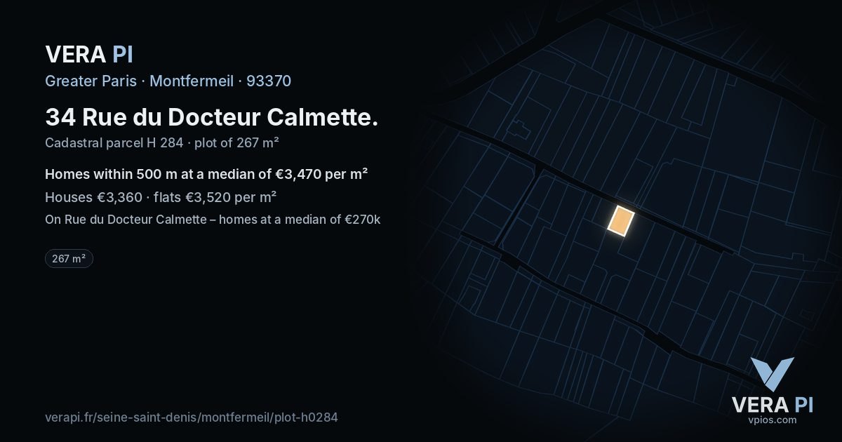 34 Rue du Docteur Calmette, Montfermeil at night – the plot lit, the parcels around coloured by the prices near them