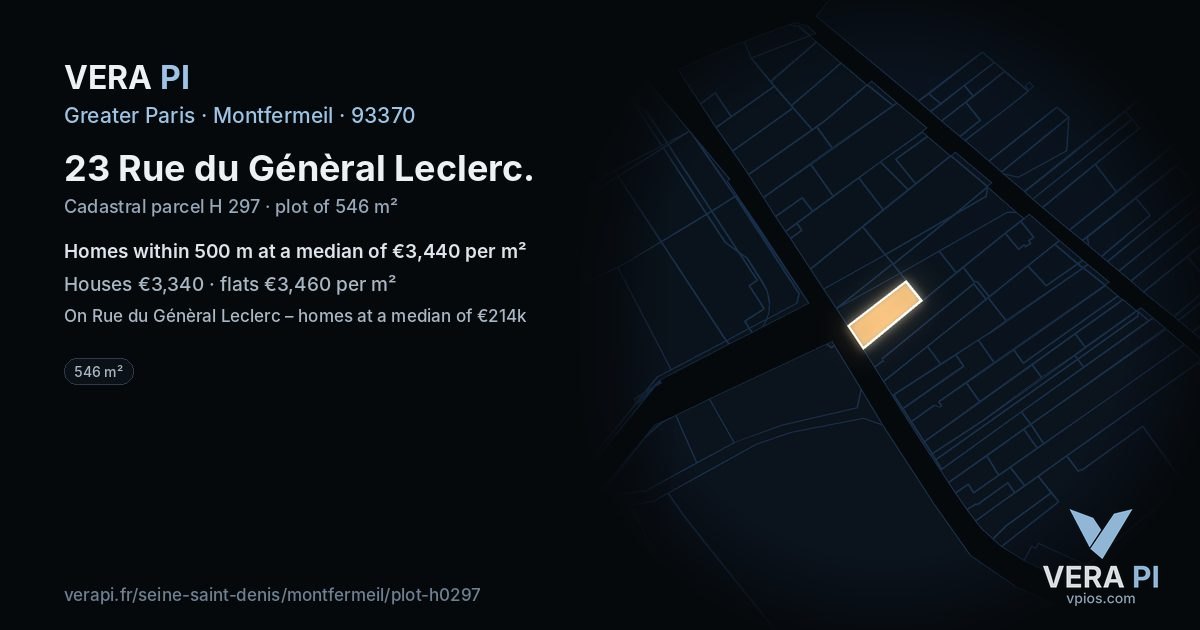 23 Rue du Génèral Leclerc, Montfermeil at night – the plot lit, the parcels around coloured by the prices near them