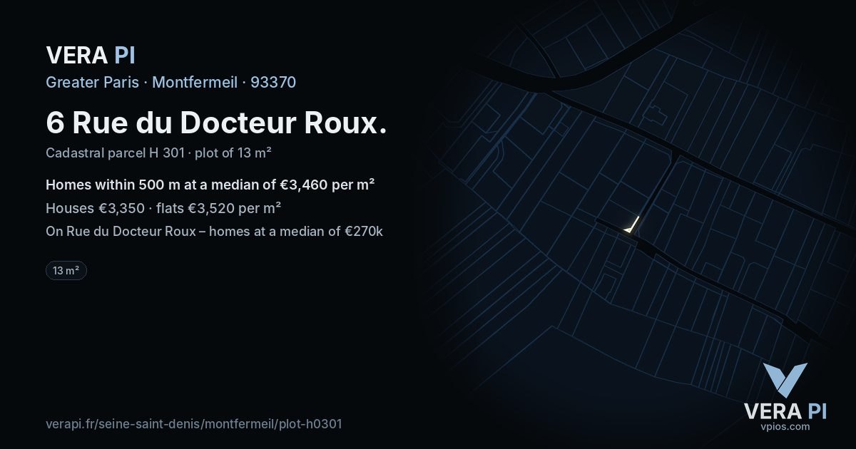 6 Rue du Docteur Roux, Montfermeil at night – the plot lit, the parcels around coloured by the prices near them