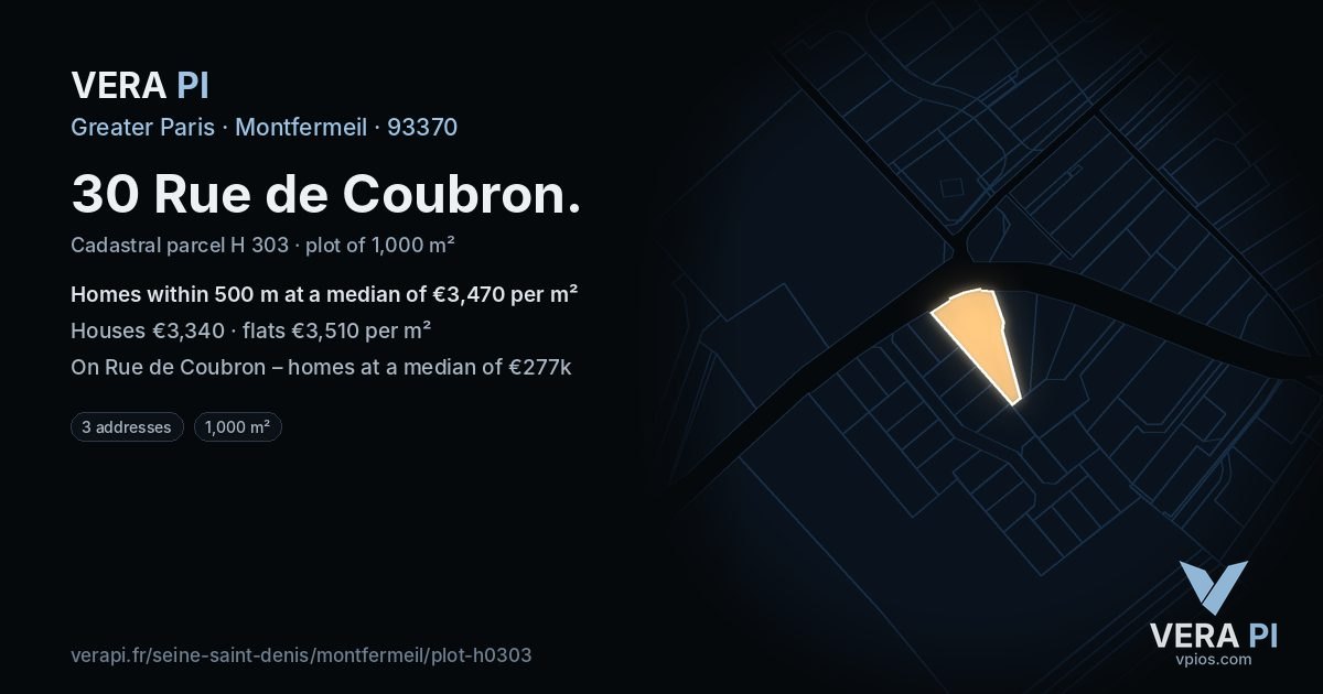 30 Rue de Coubron, Montfermeil at night – the plot lit, the parcels around coloured by the prices near them