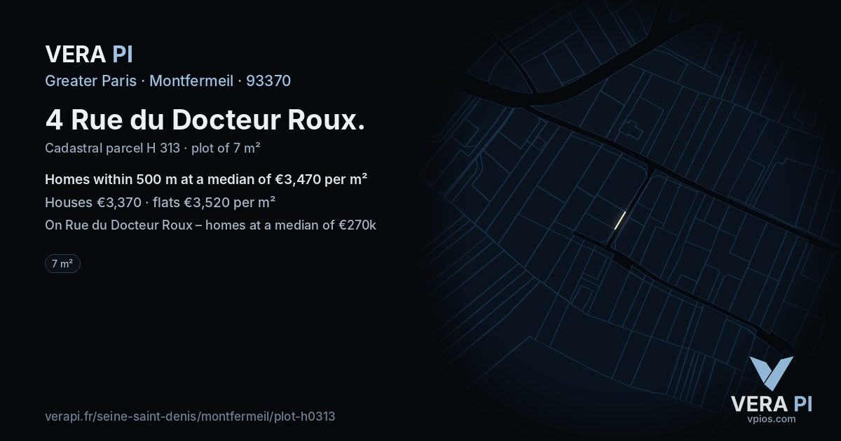 4 Rue du Docteur Roux, Montfermeil at night – the plot lit, the parcels around coloured by the prices near them