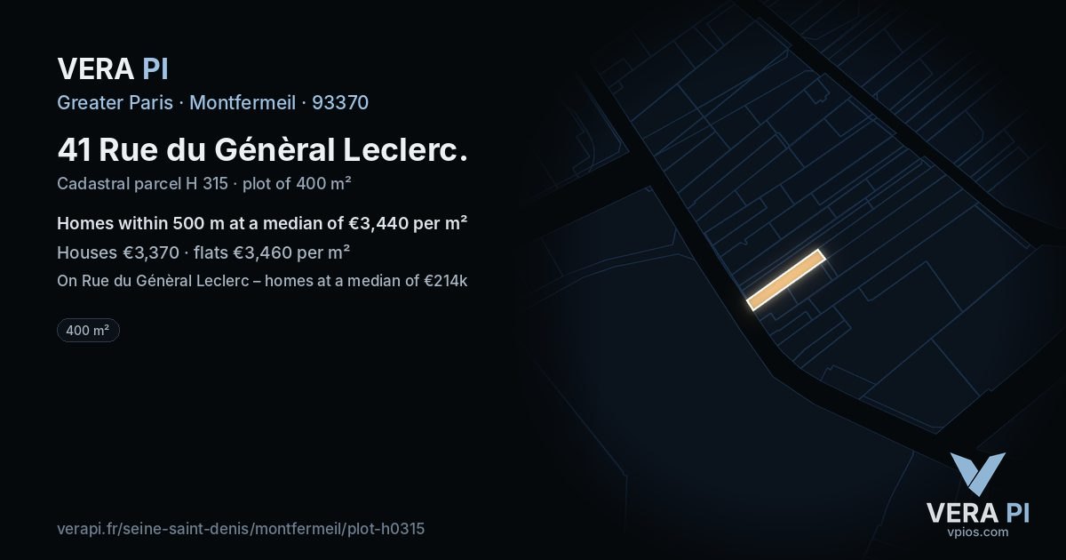 41 Rue du Génèral Leclerc, Montfermeil at night – the plot lit, the parcels around coloured by the prices near them