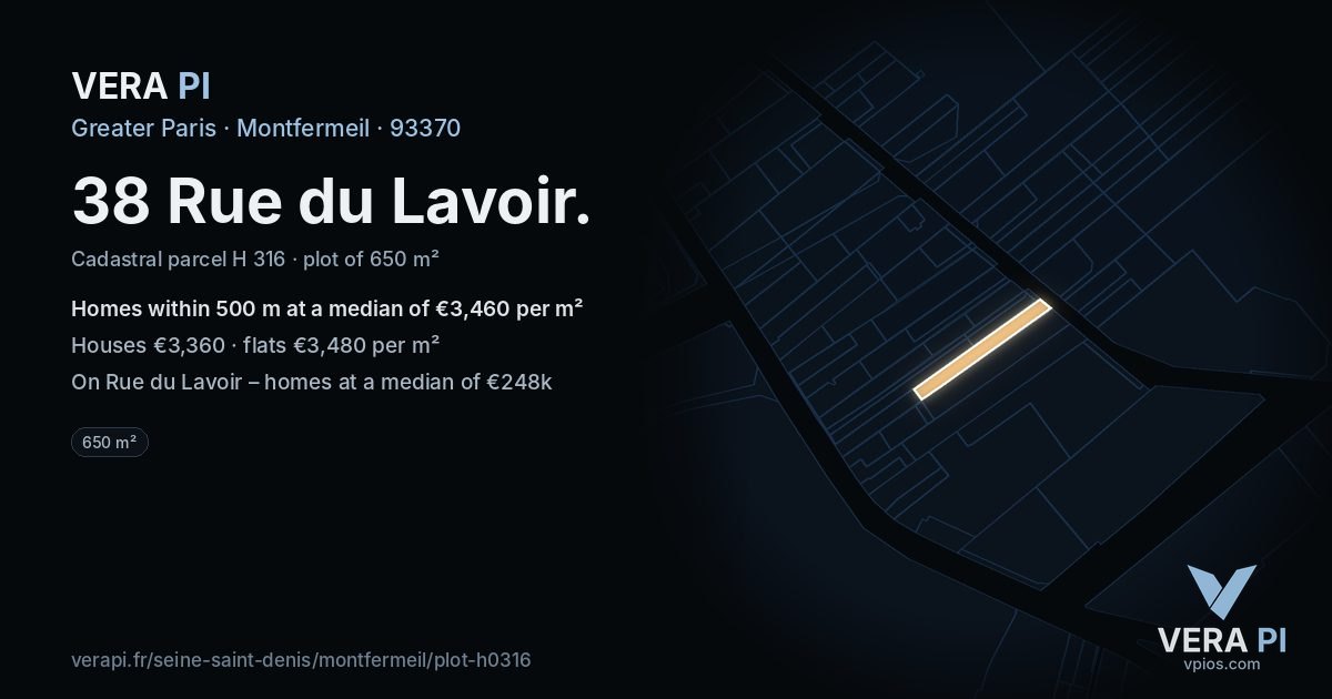 38 Rue du Lavoir, Montfermeil at night – the plot lit, the parcels around coloured by the prices near them