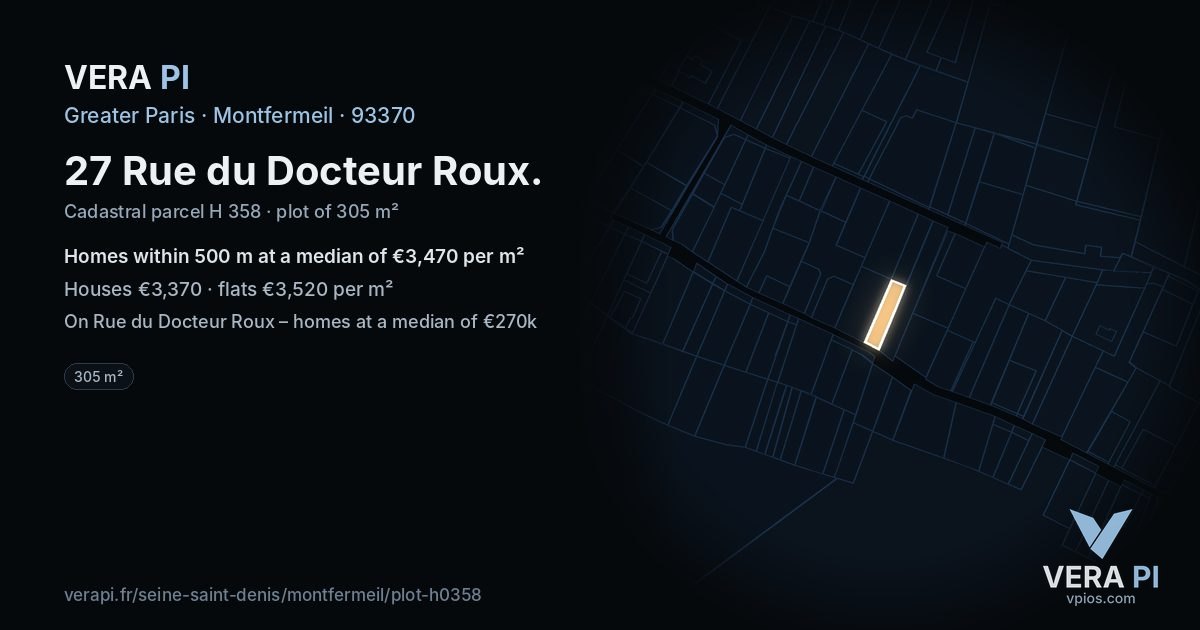 27 Rue du Docteur Roux, Montfermeil at night – the plot lit, the parcels around coloured by the prices near them