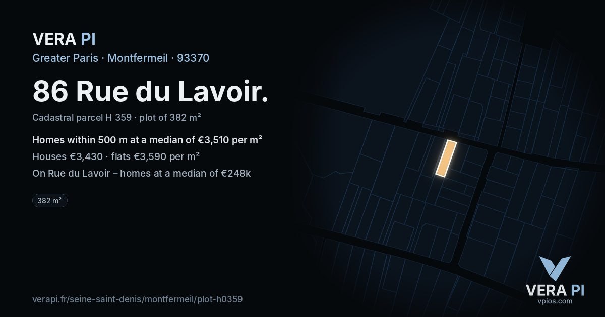 86 Rue du Lavoir, Montfermeil at night – the plot lit, the parcels around coloured by the prices near them