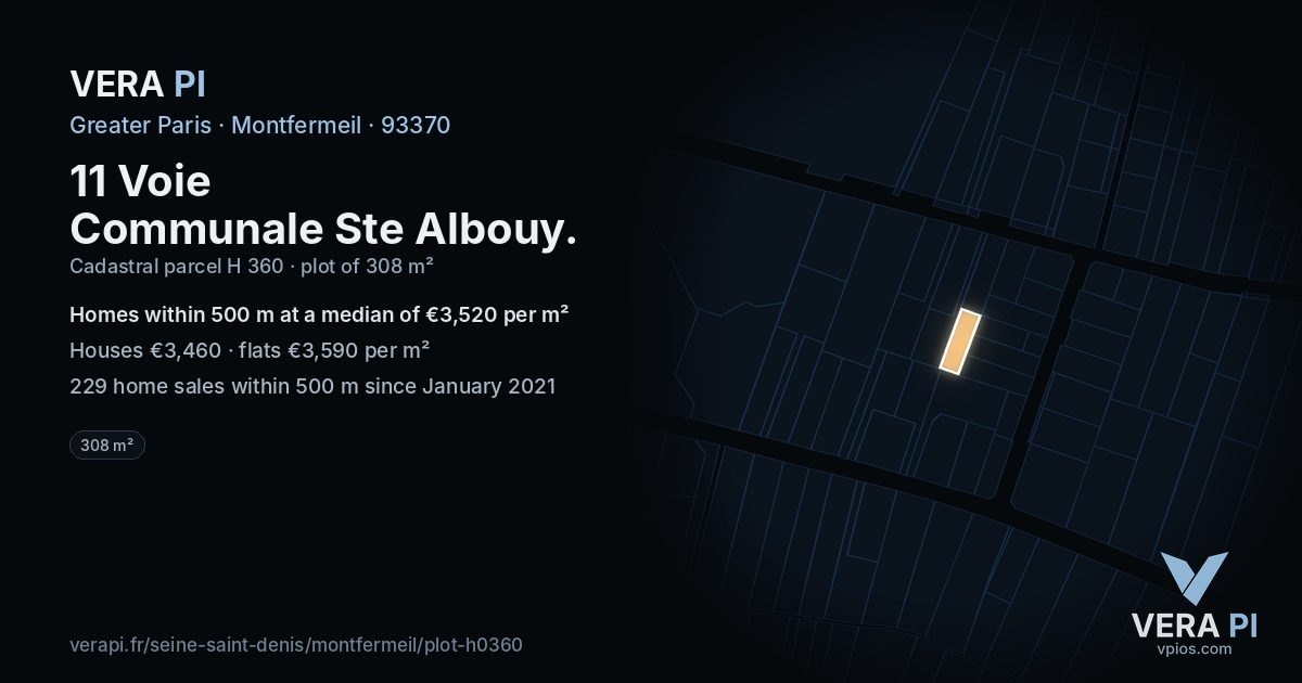 11 Voie Communale Ste Albouy, Montfermeil at night – the plot lit, the parcels around coloured by the prices near them
