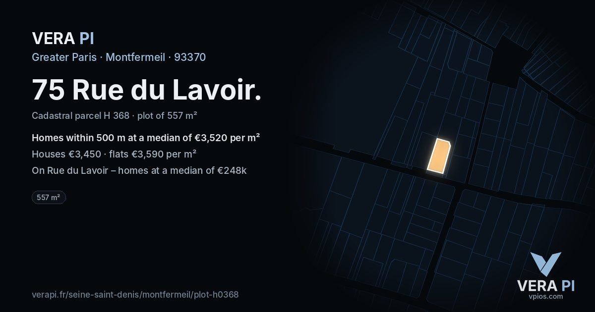 75 Rue du Lavoir, Montfermeil at night – the plot lit, the parcels around coloured by the prices near them