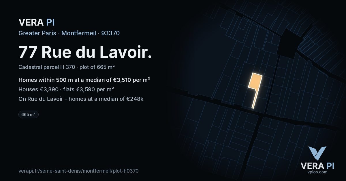 77 Rue du Lavoir, Montfermeil at night – the plot lit, the parcels around coloured by the prices near them