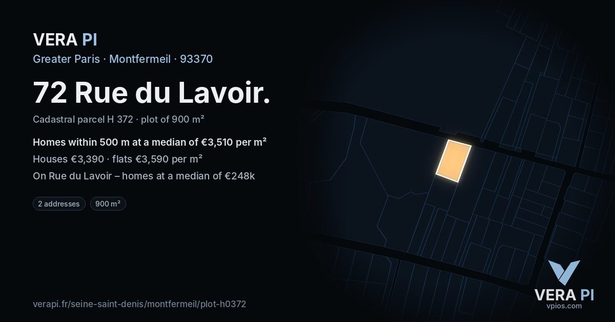 72 Rue du Lavoir, Montfermeil at night – the plot lit, the parcels around coloured by the prices near them