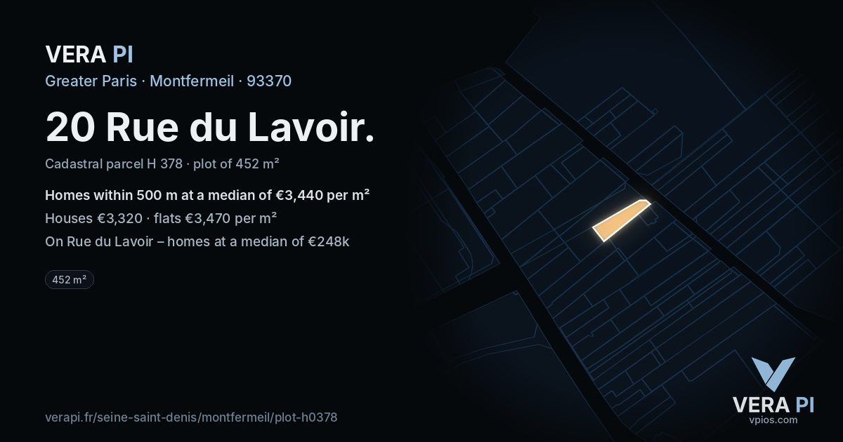 20 Rue du Lavoir, Montfermeil at night – the plot lit, the parcels around coloured by the prices near them