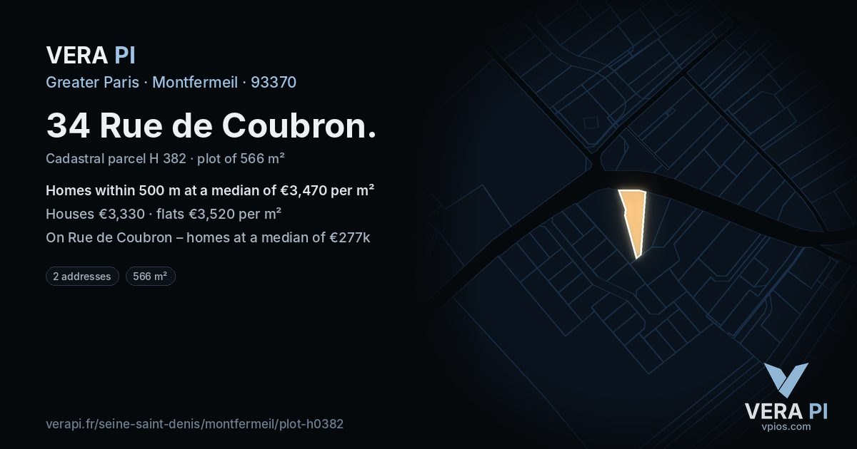 34 Rue de Coubron, Montfermeil at night – the plot lit, the parcels around coloured by the prices near them