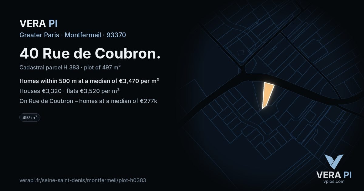 40 Rue de Coubron, Montfermeil at night – the plot lit, the parcels around coloured by the prices near them