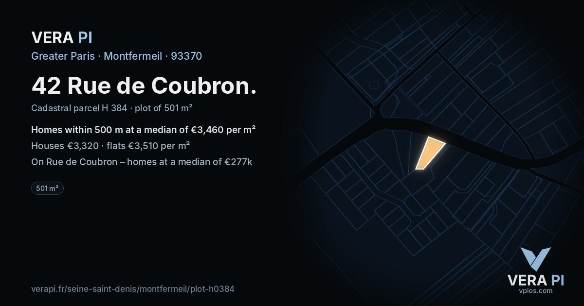 42 Rue de Coubron, Montfermeil at night – the plot lit, the parcels around coloured by the prices near them