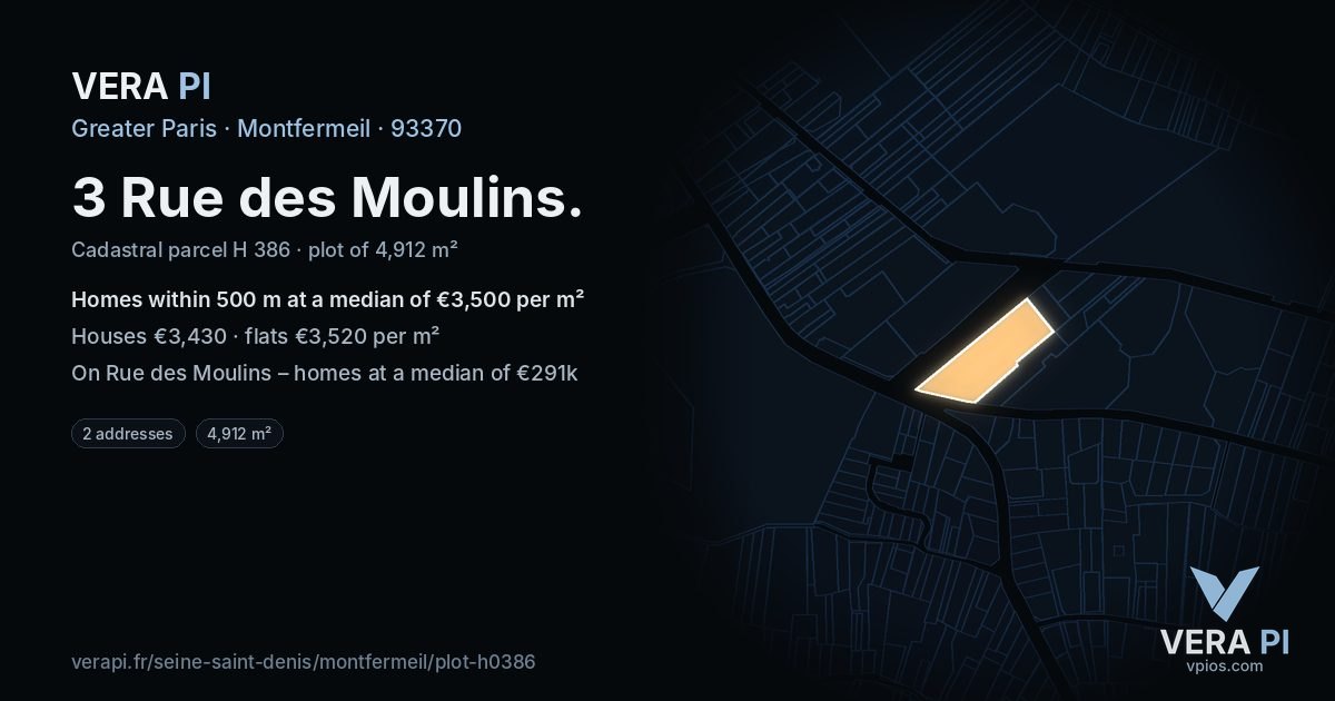 3 Rue des Moulins, Montfermeil at night – the plot lit, the parcels around coloured by the prices near them
