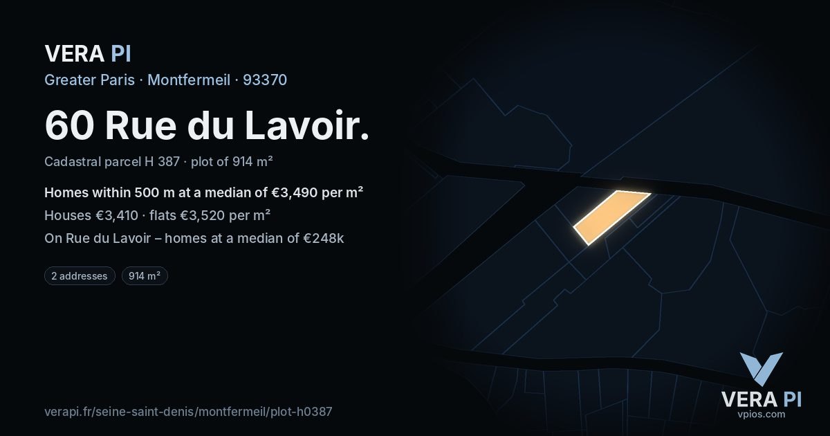 60 Rue du Lavoir, Montfermeil at night – the plot lit, the parcels around coloured by the prices near them