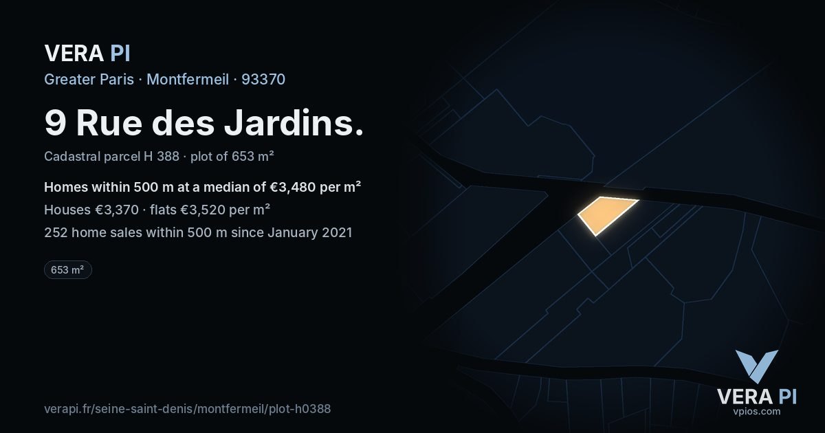 9 Rue des Jardins, Montfermeil at night – the plot lit, the parcels around coloured by the prices near them