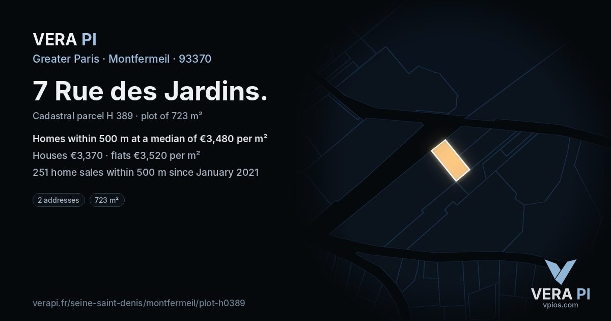 7 Rue des Jardins, Montfermeil at night – the plot lit, the parcels around coloured by the prices near them