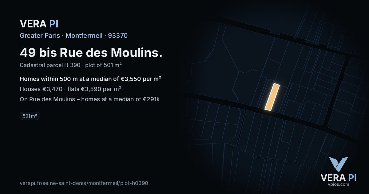 49 bis Rue des Moulins, Montfermeil at night – the plot lit, the parcels around coloured by the prices near them