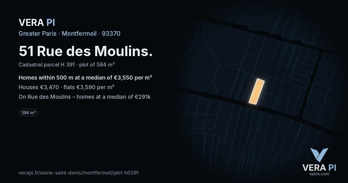 51 Rue des Moulins, Montfermeil at night – the plot lit, the parcels around coloured by the prices near them