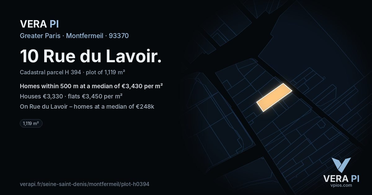 10 Rue du Lavoir, Montfermeil at night – the plot lit, the parcels around coloured by the prices near them