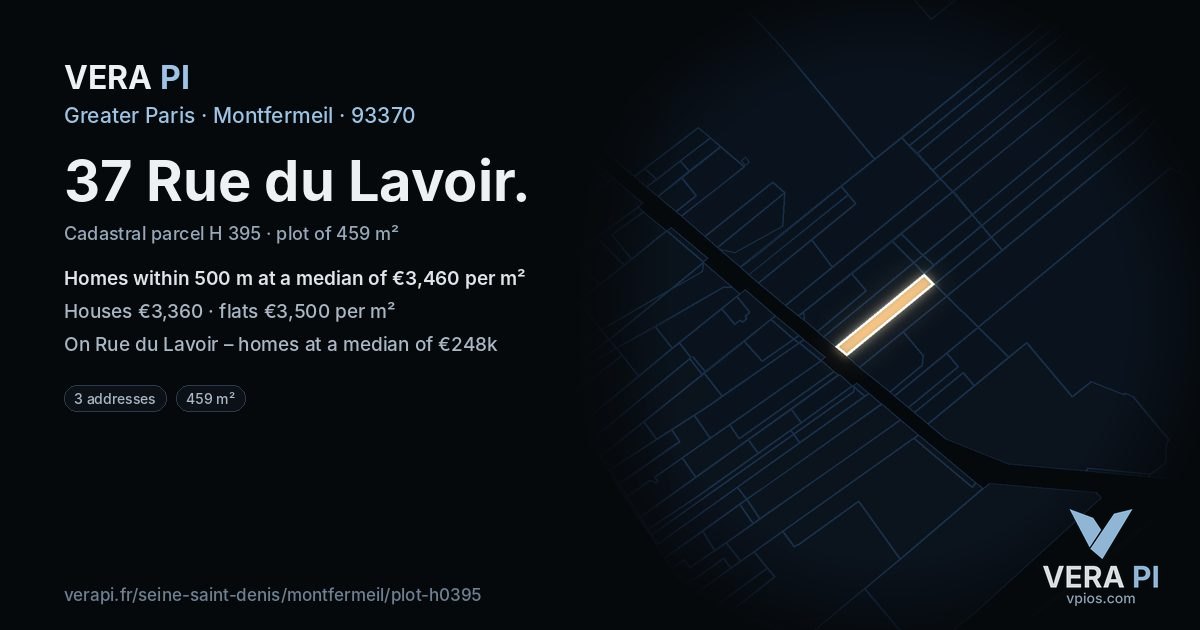 37 Rue du Lavoir, Montfermeil at night – the plot lit, the parcels around coloured by the prices near them