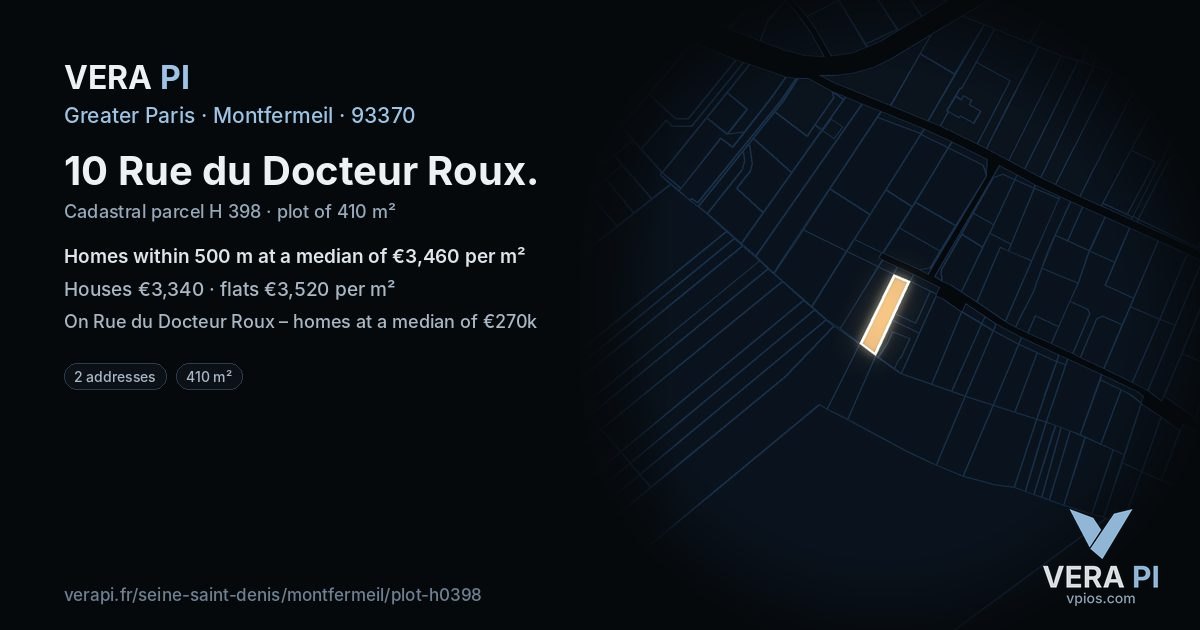 10 Rue du Docteur Roux, Montfermeil at night – the plot lit, the parcels around coloured by the prices near them