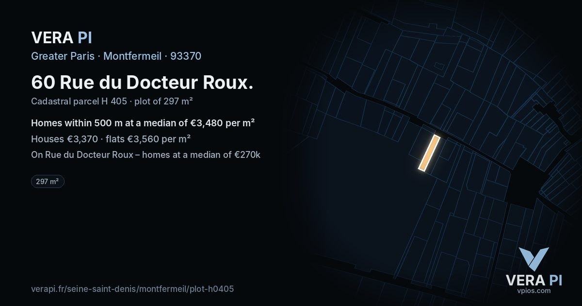 60 Rue du Docteur Roux, Montfermeil at night – the plot lit, the parcels around coloured by the prices near them