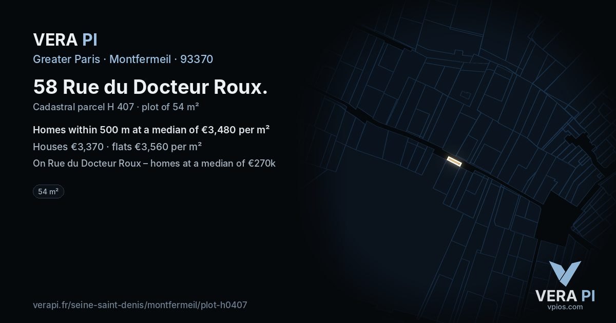 58 Rue du Docteur Roux, Montfermeil at night – the plot lit, the parcels around coloured by the prices near them