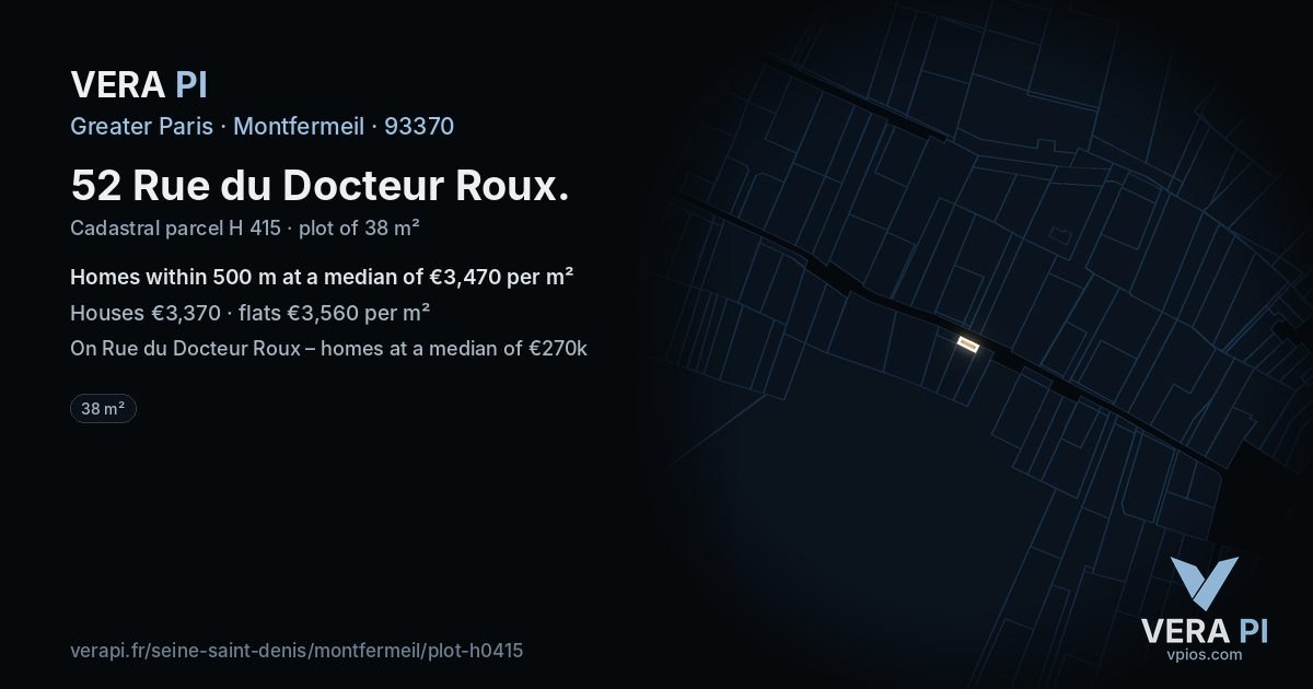 52 Rue du Docteur Roux, Montfermeil at night – the plot lit, the parcels around coloured by the prices near them