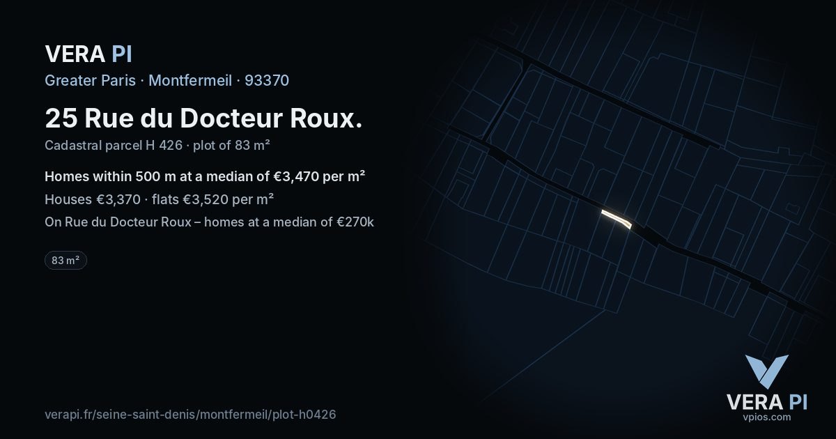 25 Rue du Docteur Roux, Montfermeil at night – the plot lit, the parcels around coloured by the prices near them