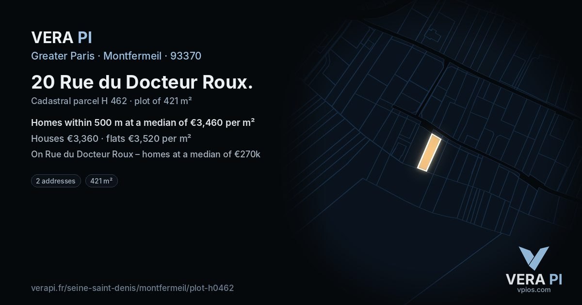 20 Rue du Docteur Roux, Montfermeil at night – the plot lit, the parcels around coloured by the prices near them