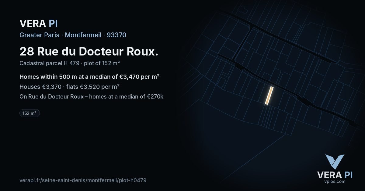 28 Rue du Docteur Roux, Montfermeil at night – the plot lit, the parcels around coloured by the prices near them