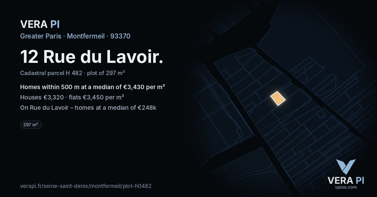 12 Rue du Lavoir, Montfermeil at night – the plot lit, the parcels around coloured by the prices near them