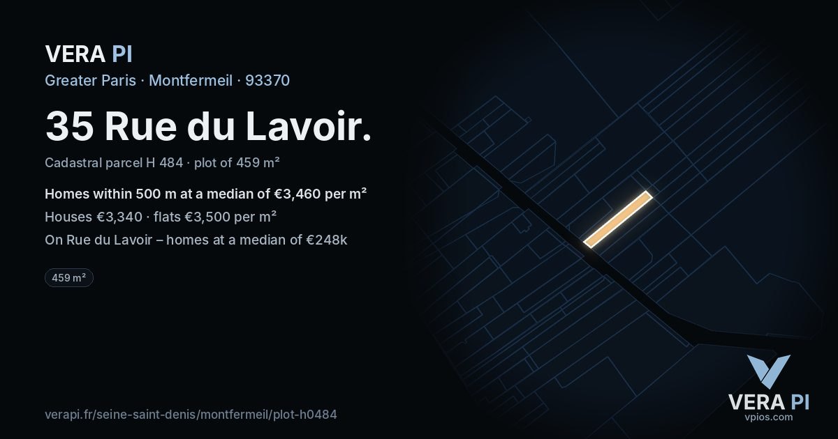 35 Rue du Lavoir, Montfermeil at night – the plot lit, the parcels around coloured by the prices near them
