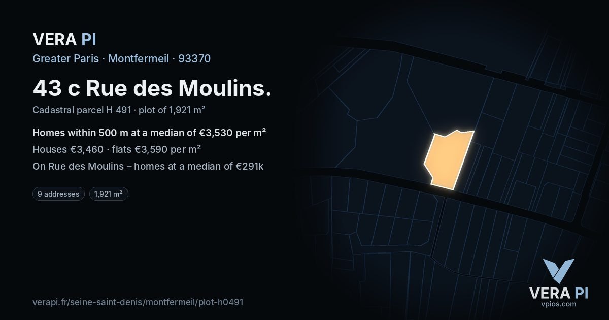 43 c Rue des Moulins, Montfermeil at night – the plot lit, the parcels around coloured by the prices near them
