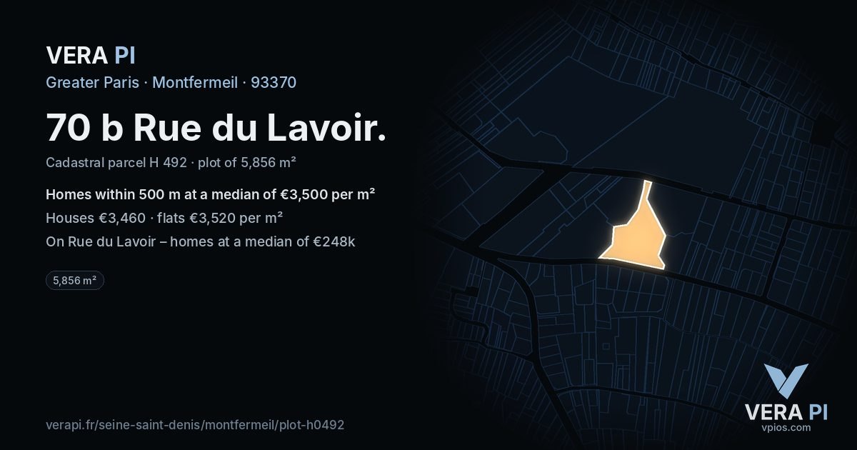 70 b Rue du Lavoir, Montfermeil at night – the plot lit, the parcels around coloured by the prices near them