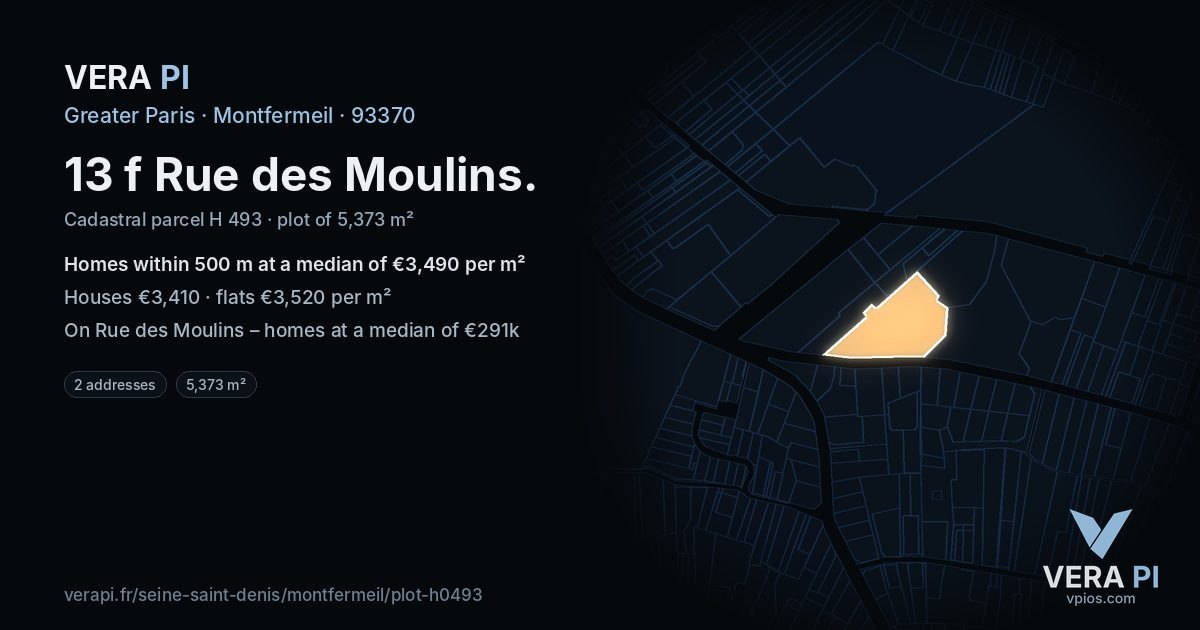 13 f Rue des Moulins, Montfermeil at night – the plot lit, the parcels around coloured by the prices near them