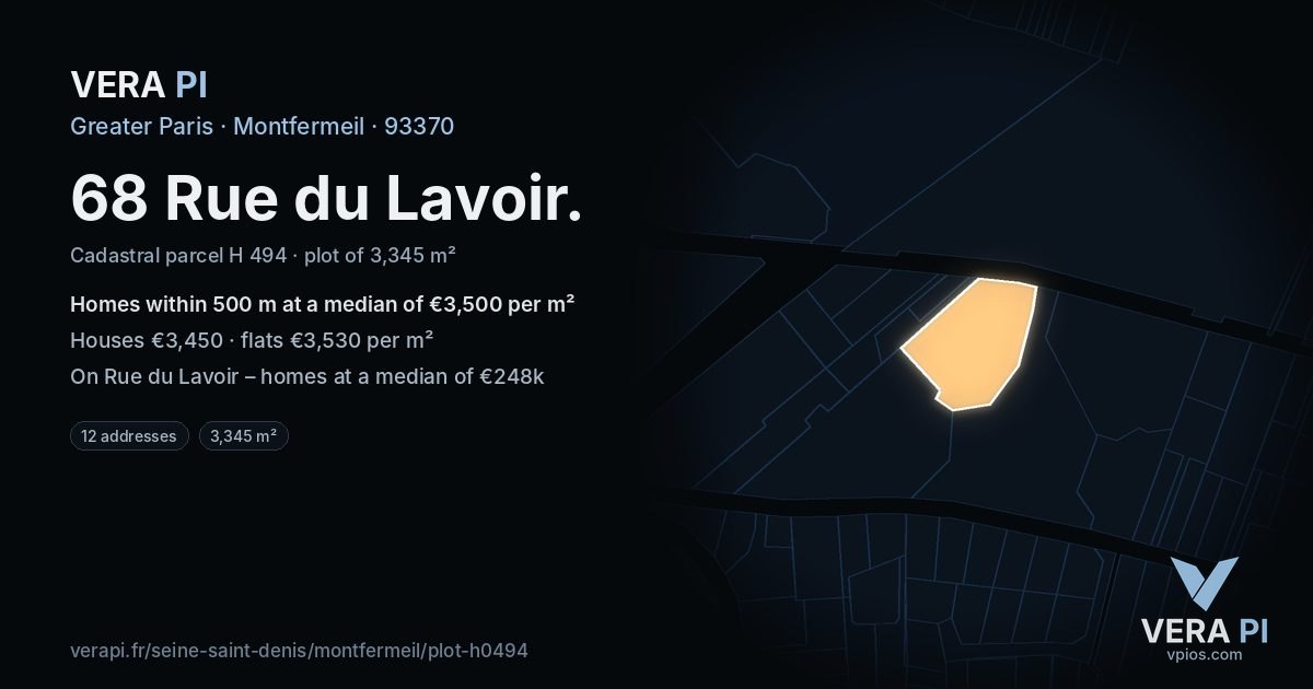 68 Rue du Lavoir, Montfermeil at night – the plot lit, the parcels around coloured by the prices near them