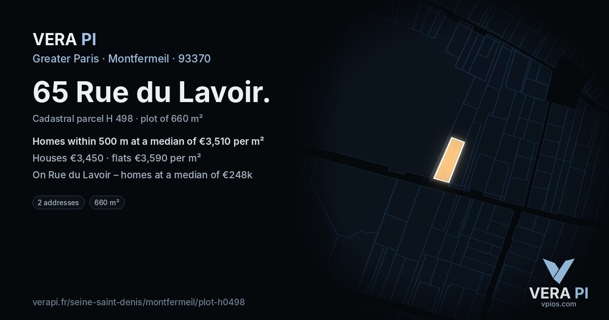 65 Rue du Lavoir, Montfermeil at night – the plot lit, the parcels around coloured by the prices near them