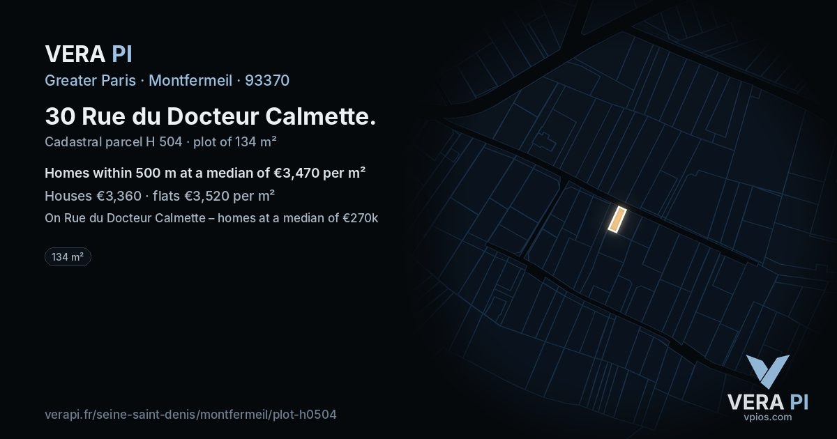 30 Rue du Docteur Calmette, Montfermeil at night – the plot lit, the parcels around coloured by the prices near them
